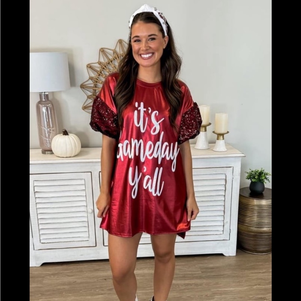 Fantastic Fawn crimson red it’s gameday yall red leather sequin dress small new